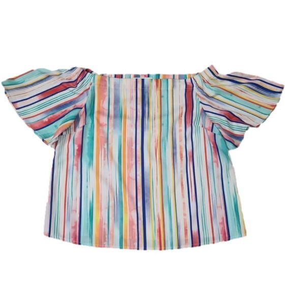 Do + BE Colorful Off Shoulder Silky Vertical Stripes Top - Picture 3 of 14